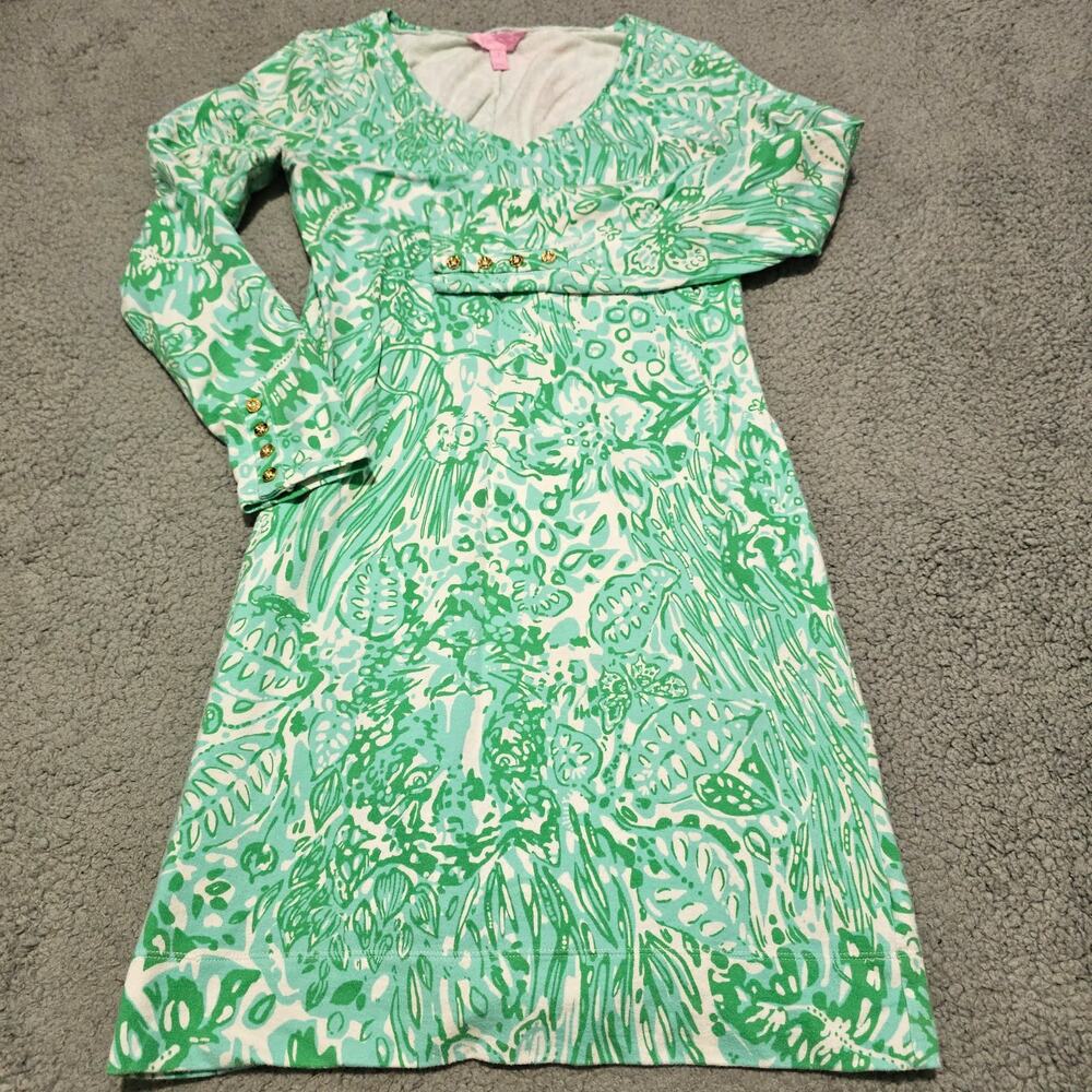 Lilly Pulitzer Clarke V-Neck French Terry Dress Leopard Floral Jungle Aqua Small